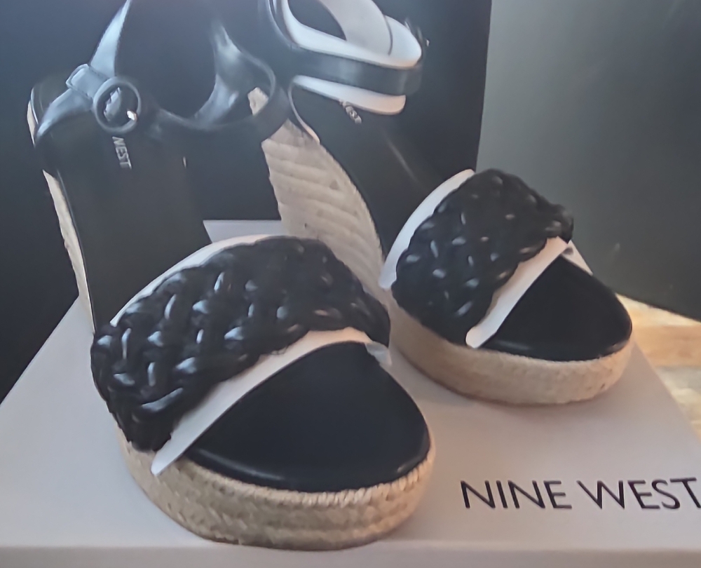 Nine West Black and White Woven Wedges